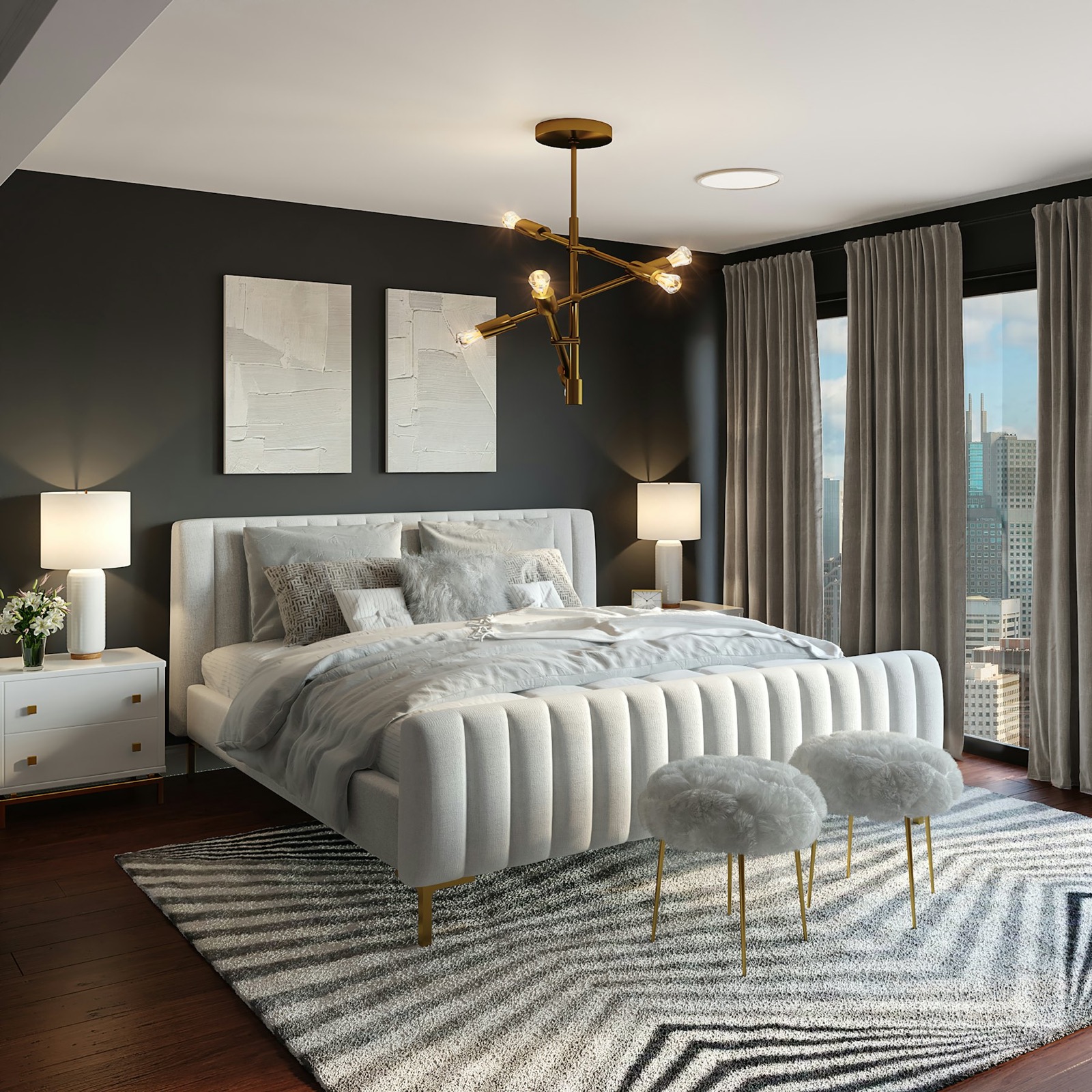 Bedroom suite with chandelier